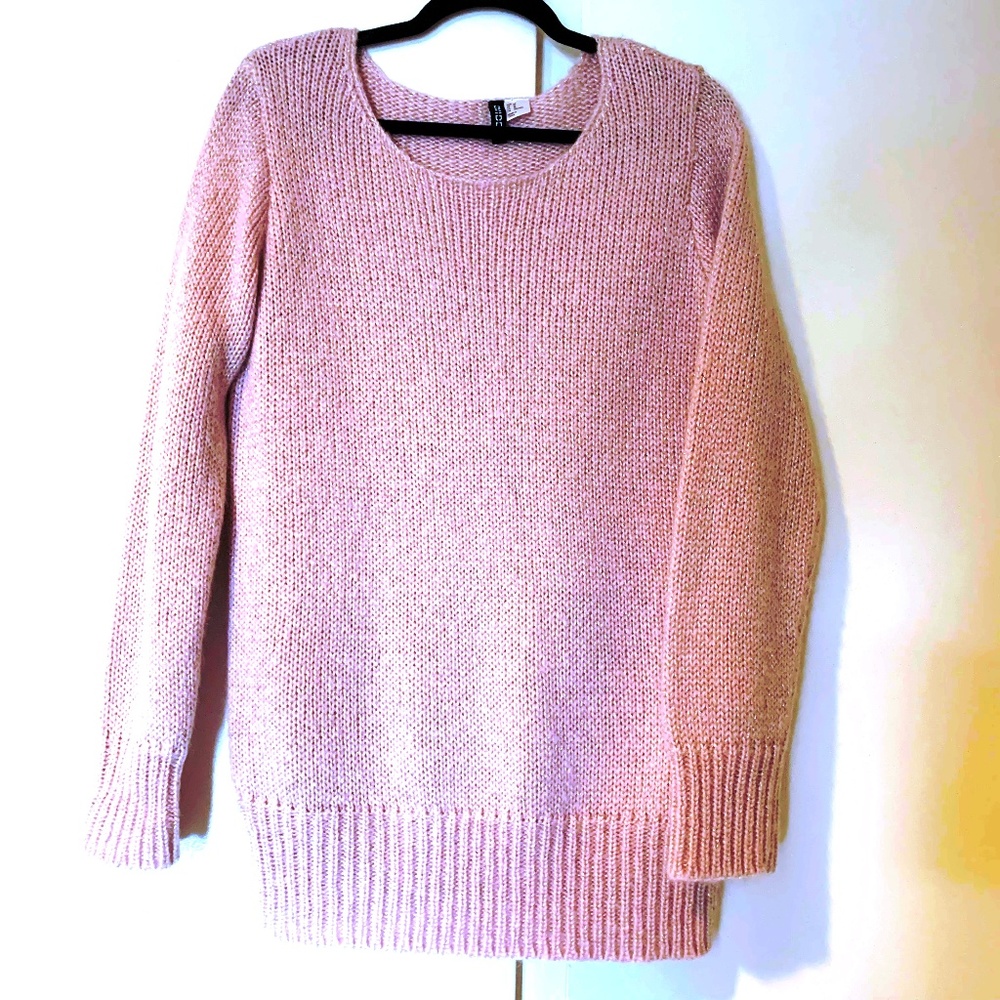 H & M DIVIDED Pink w Silver Metallic Thread Tunic Pullover Sweater Size 10